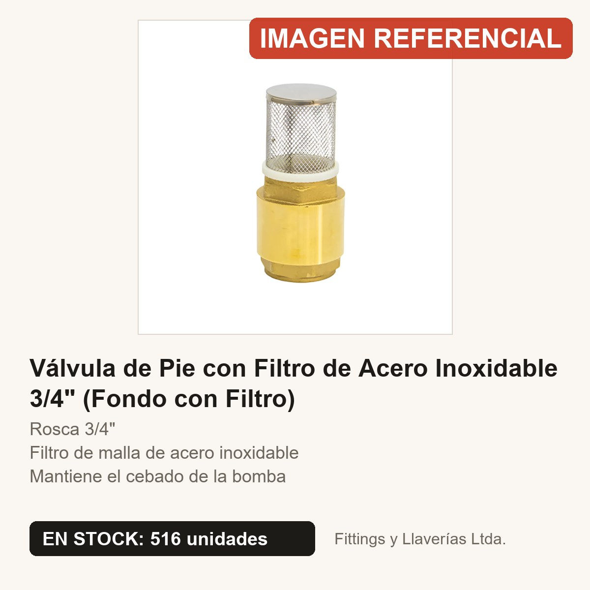 Válvula de Pie con Filtro de Acero Inoxidable 3/4" (Fondo con Filtro) | Fittings y Llaverías