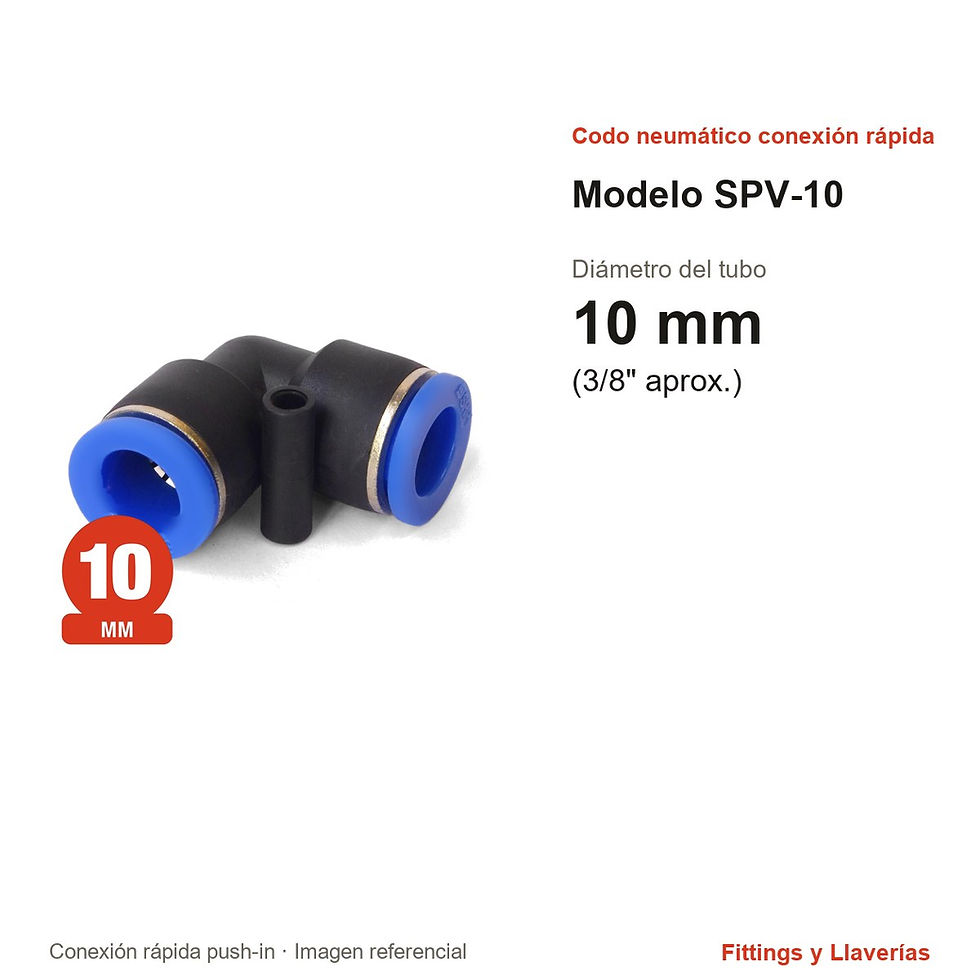 Codo Neumático de Conexión Rápida 10 mm SPV-10: medidas en mm y pulgadas, modelo SPV-10