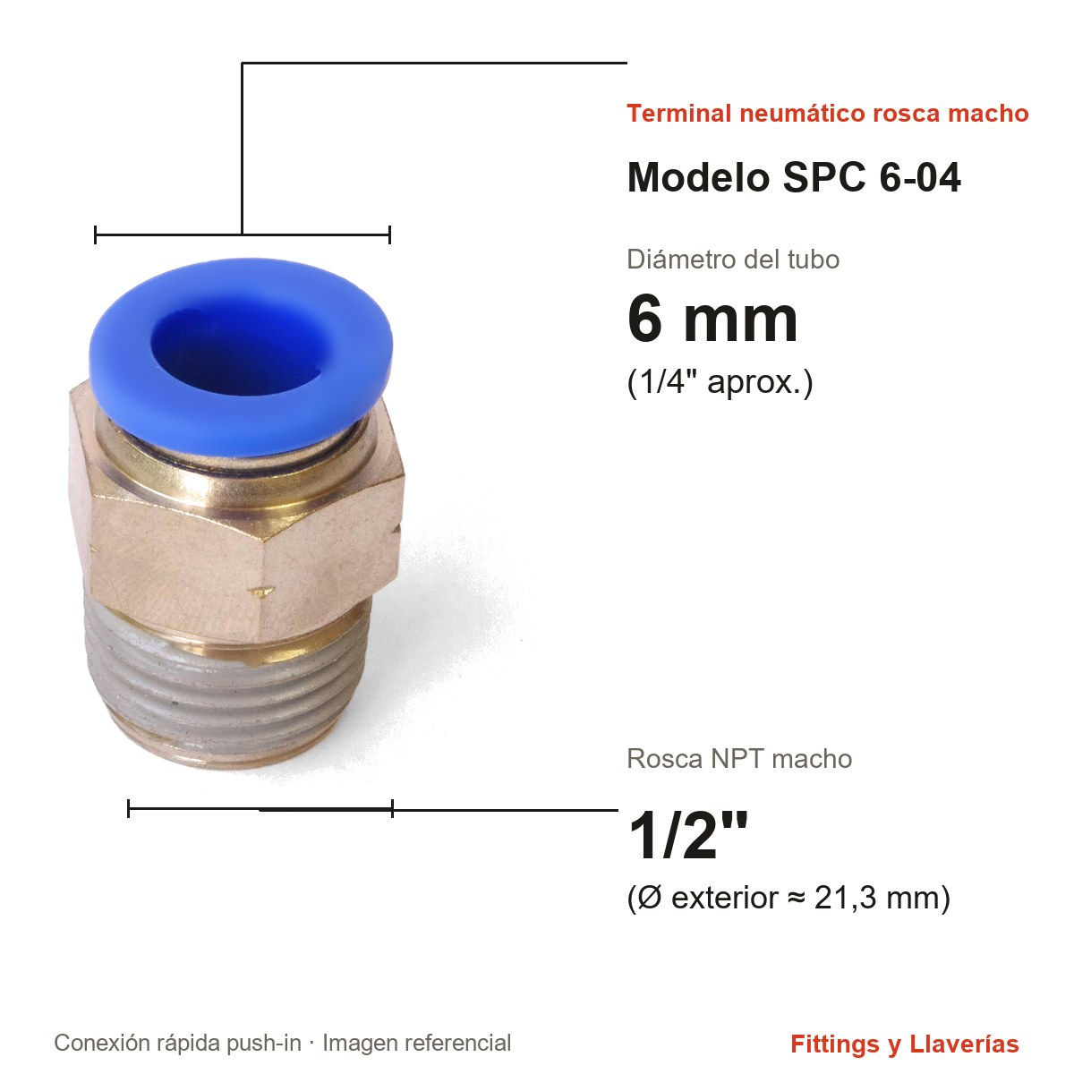 Terminal Neumático con Rosca Macho 1/2" NPT 6 mm SPC 6-04: medidas en mm y pulgadas, modelo SPC 6-04