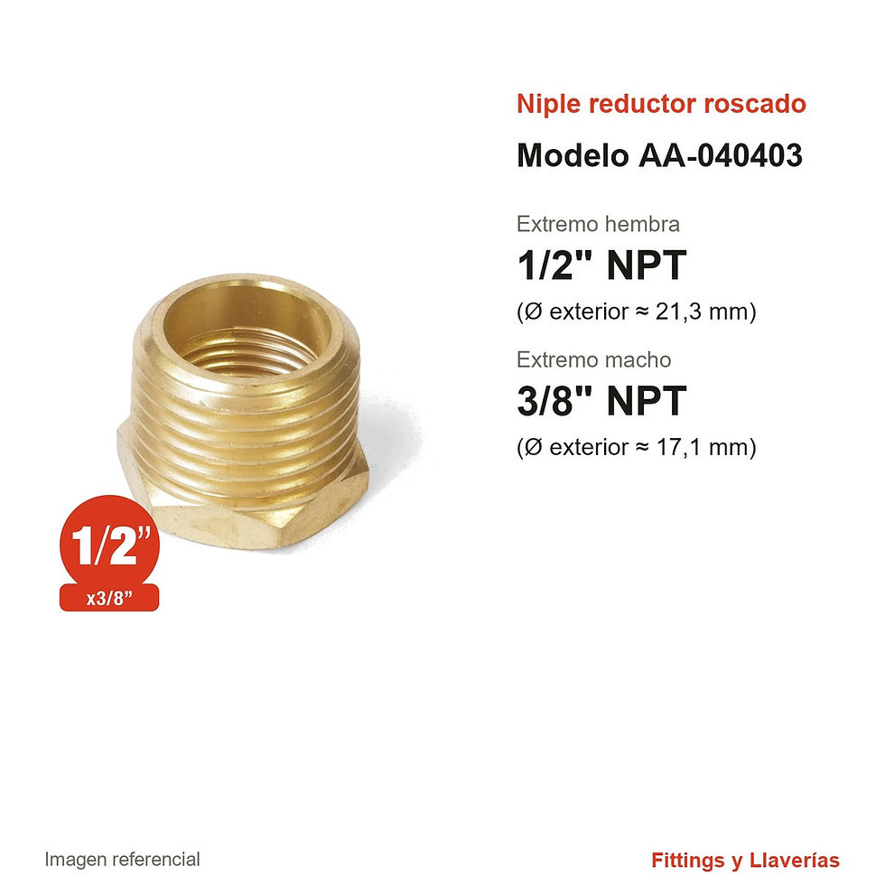 Niple Reductor Hembra 1/2" x Macho 3/8" NPT AA-040403: datos y medidas en pulgadas y mm