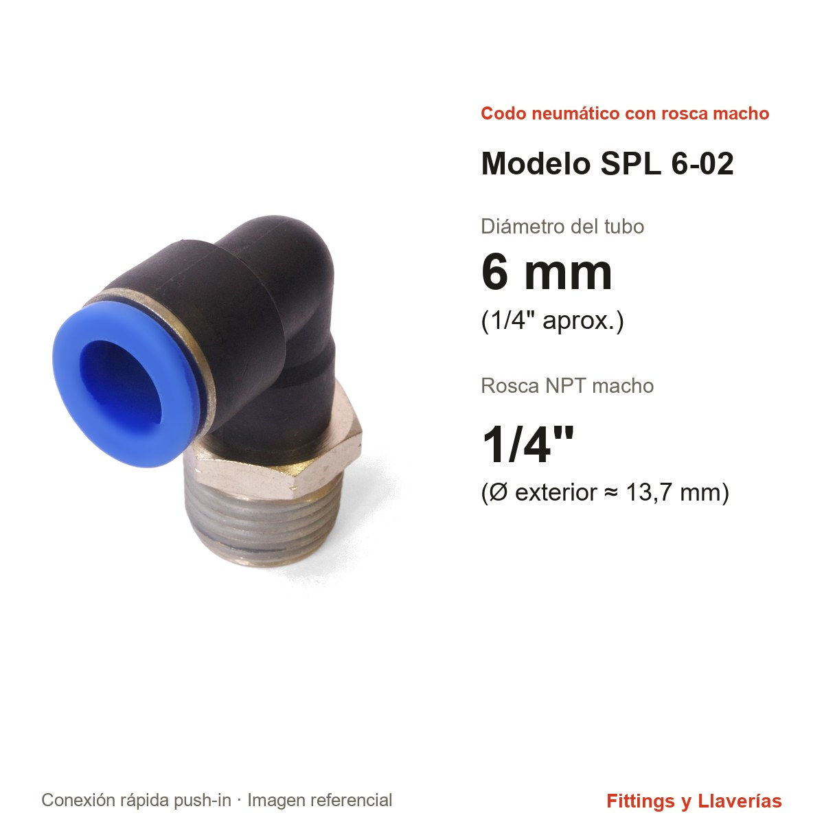 Codo Neumático con Rosca Macho 1/4" NPT 6 mm SPL 6-02: medidas en mm y pulgadas, modelo SPL 6-02