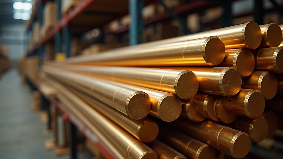 Close-up view of bronze rods stacked in a warehouse
