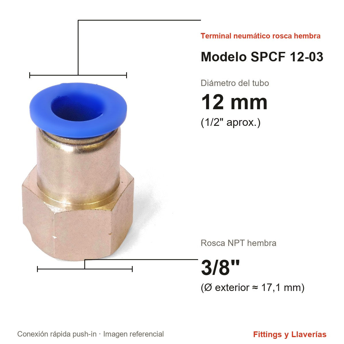 Terminal Neumático con Rosca Hembra 3/8" NPT 12 mm SPCF 12-03: medidas en mm y pulgadas, modelo SPCF 12-03