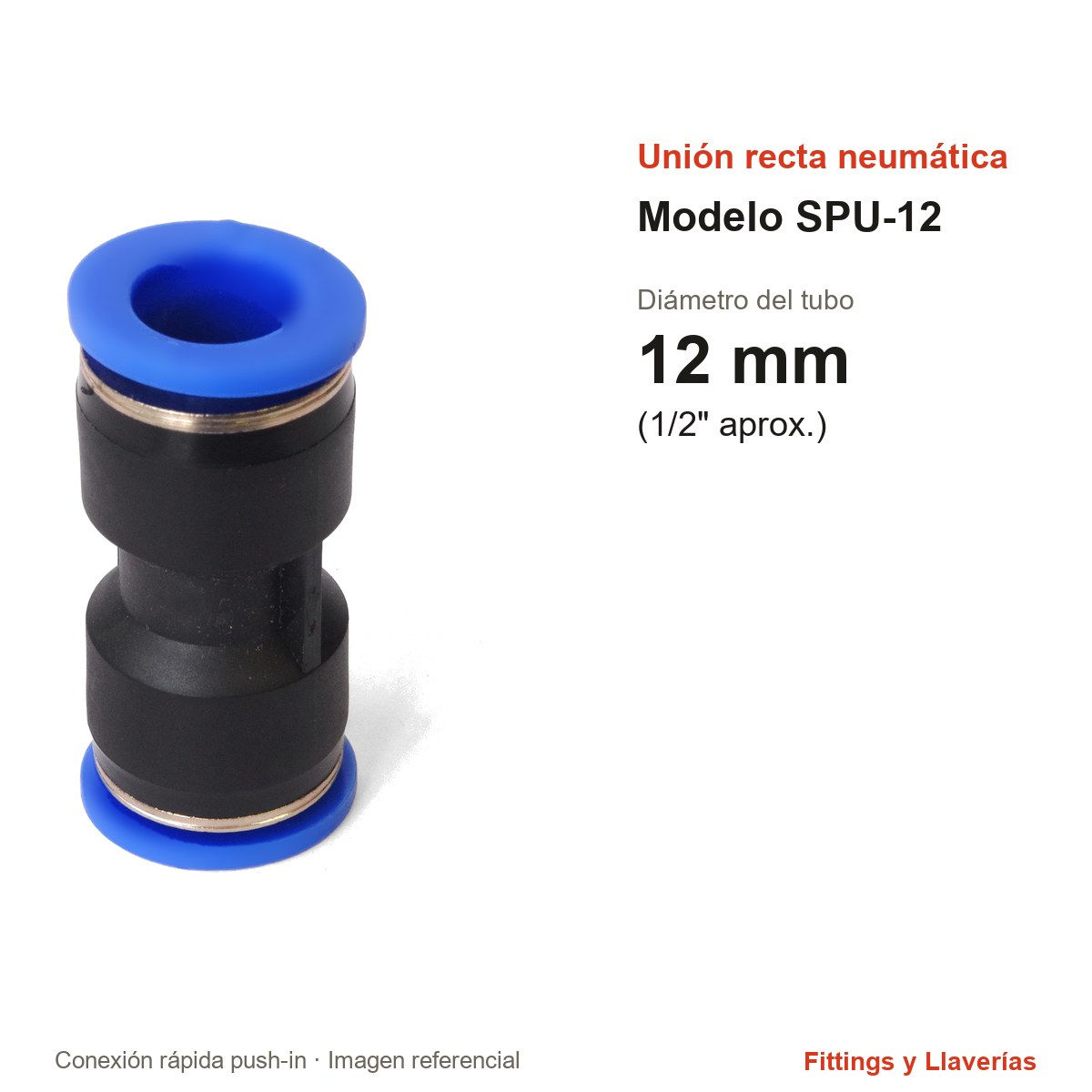 Unión Recta Neumática de Conexión Rápida 12 mm SPU-12: medidas en mm y pulgadas, modelo SPU-12