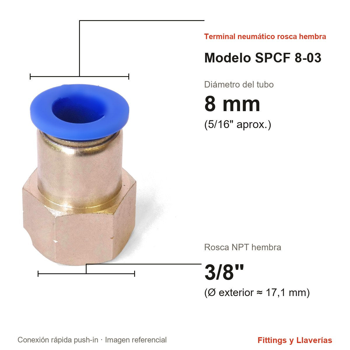 Terminal Neumático con Rosca Hembra 3/8" NPT 8 mm SPCF 8-03: medidas en mm y pulgadas, modelo SPCF 8-03