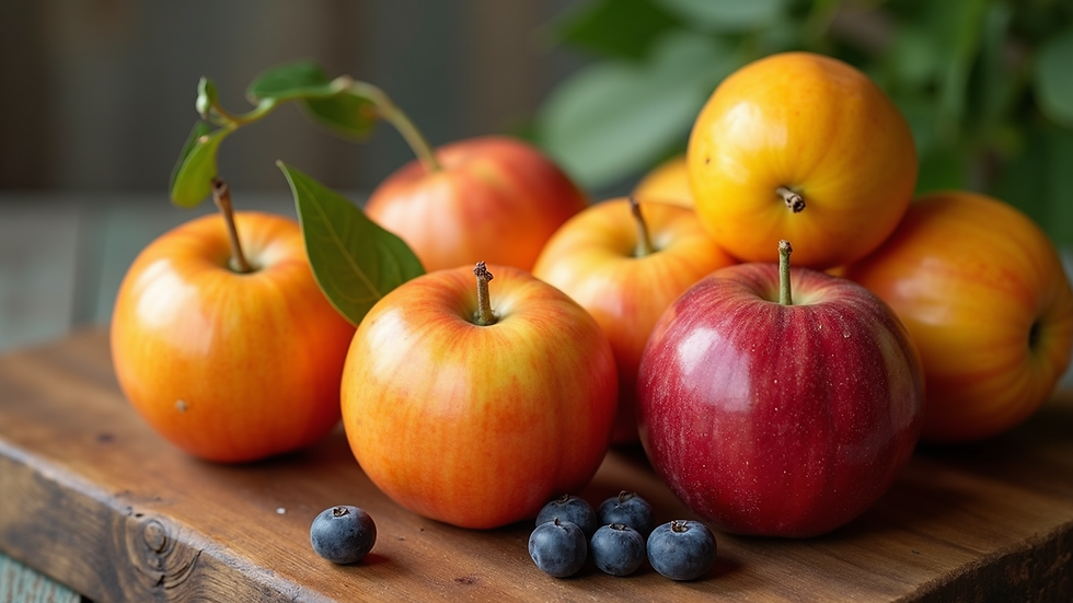 Close-up view of a variety of seasonal fruits on a wooden table
