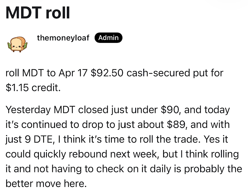 Text about rolling an MDT cash-secured put option. Mentions price changes and considers future strategies. 