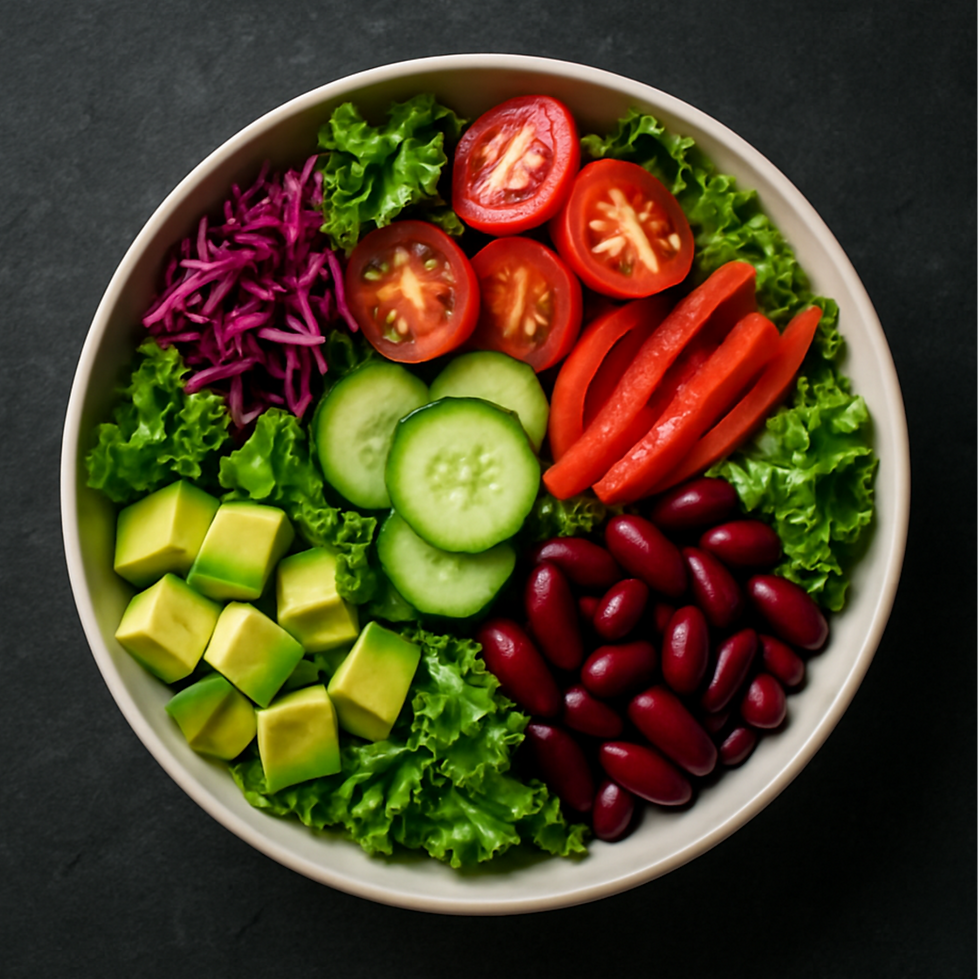 Assiette équilibrée composée de légumes frais, d'avocat et de légumineuses, idéale pour la récupération sportive. Conseils en nutrition par Christophe Verneau, coach à Bordeaux