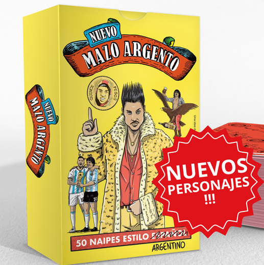 New Argento Deck with an Argentinian-style design. Yellow box featuring illustrations of iconic figures such as Fort, Messi, Diego, Lali, Duki, San Martín, Gauchito Gil, popular personalities, and cultural elements. Includes 50 unique cards with new featured characters. Ideal for card game lovers with humor and Argentinian references. A standout product with a vibrant visual style and unique design.