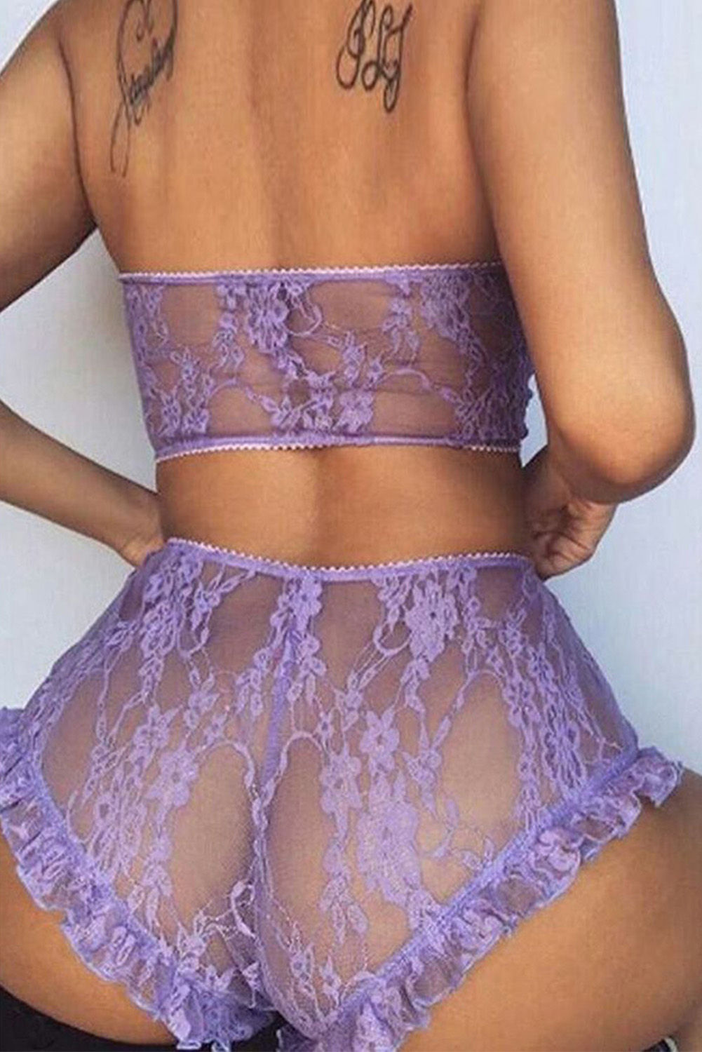 Lavender Krystal Lace Mesh Tube See Through Lingerie Set