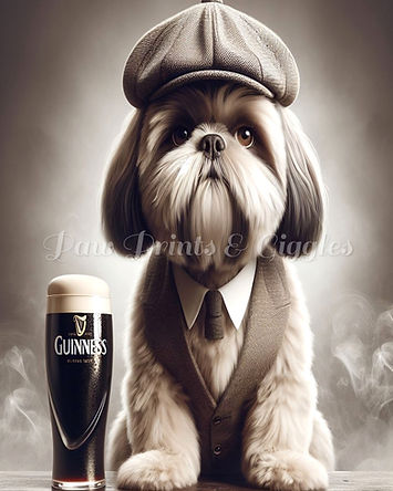 Paddy McGuinness    charming well dressed Shi Tsu dog sitting at the bar with a pint of Guinness