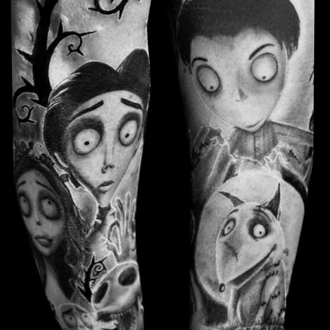 This impressive black and grey tattoo is a tribute to Tim Burton's animated films, Frankenweenie and The Corpse Bride. The design is split across two parts, likely on the inner and outer arm, creating a cohesive sleeve. The tattoo features highly detailed portraits of the main characters, including the young Victor Frankenstein, his reanimated dog Sparky, and Elsa Van Helsing. The artist has masterfully captured the unique aesthetic of the film, using intricate shading and detail to bring the characters to life on the skin. The background features a shadowy, gnarled tree and tombstones, adding to the spooky atmosphere. The monochrome palette enhances the tattoo's connection to the film's distinctive visual style. This tattoo is a must-see for any fan of Frankenweenie or Tim Burton's work.