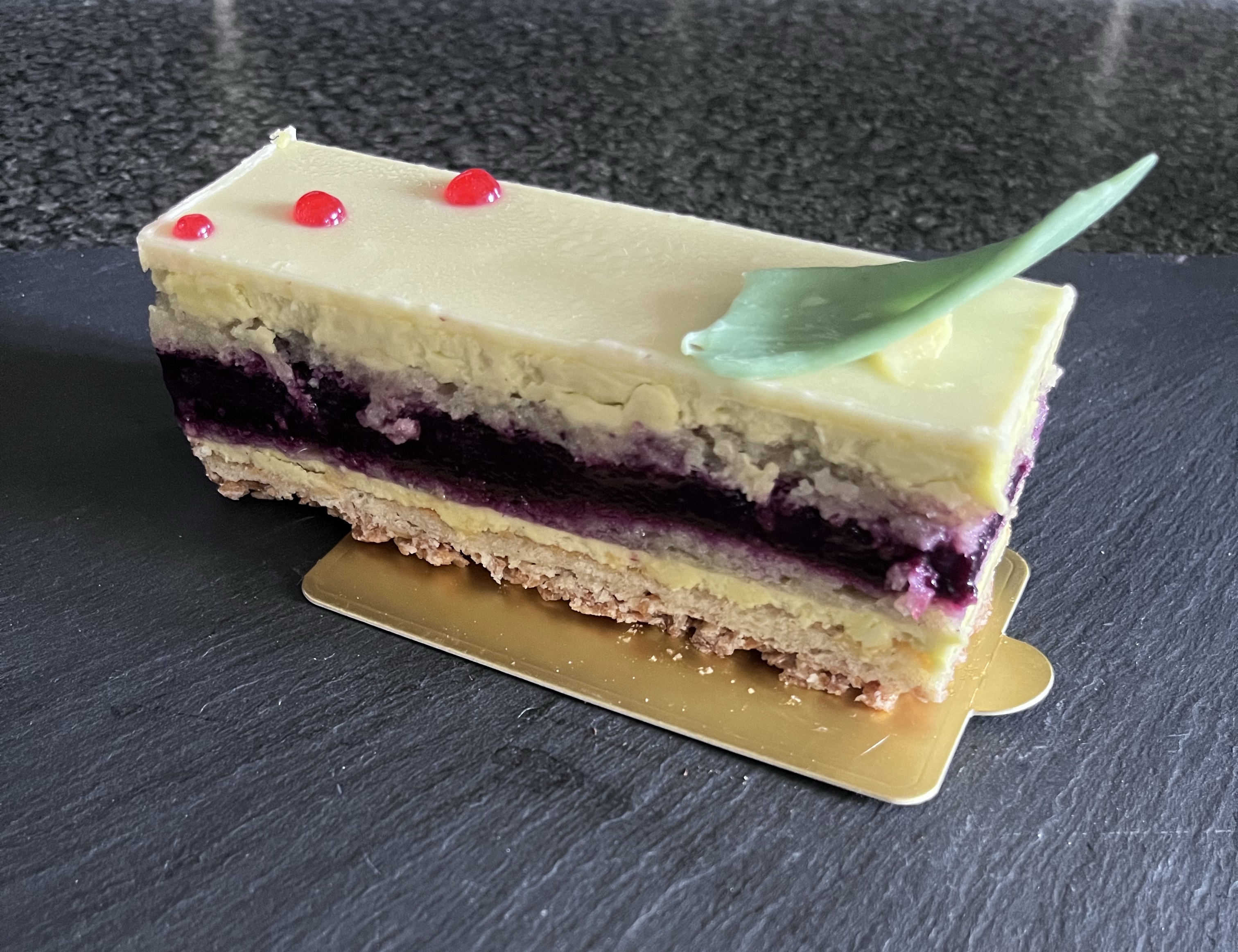 Pistachio, white chocolate & raspberry opera