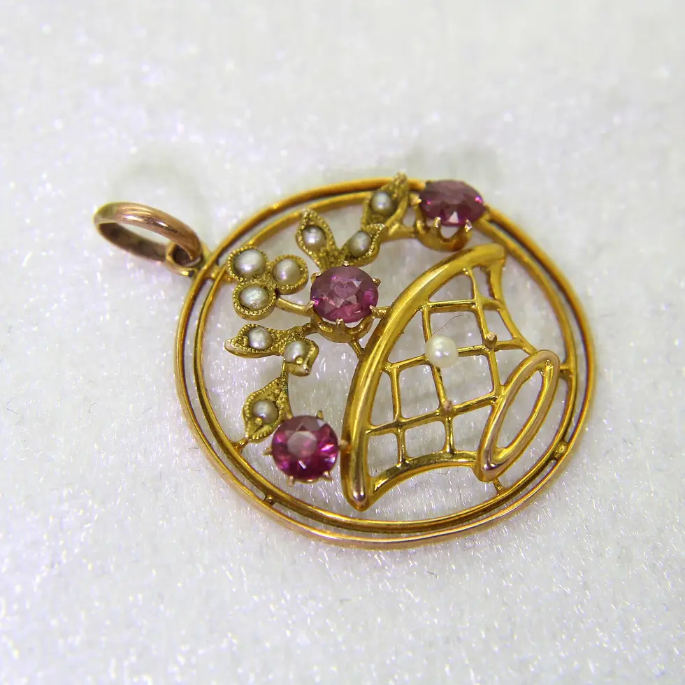 Thumbnail: 9ct Gold Edwardian Rubellite Pearl Giardinetti Pendant