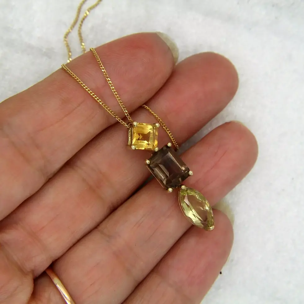 Thumbnail: 9ct Gold Citrine Smoky Quartz Lemon Quartz Pendant 18" Chain