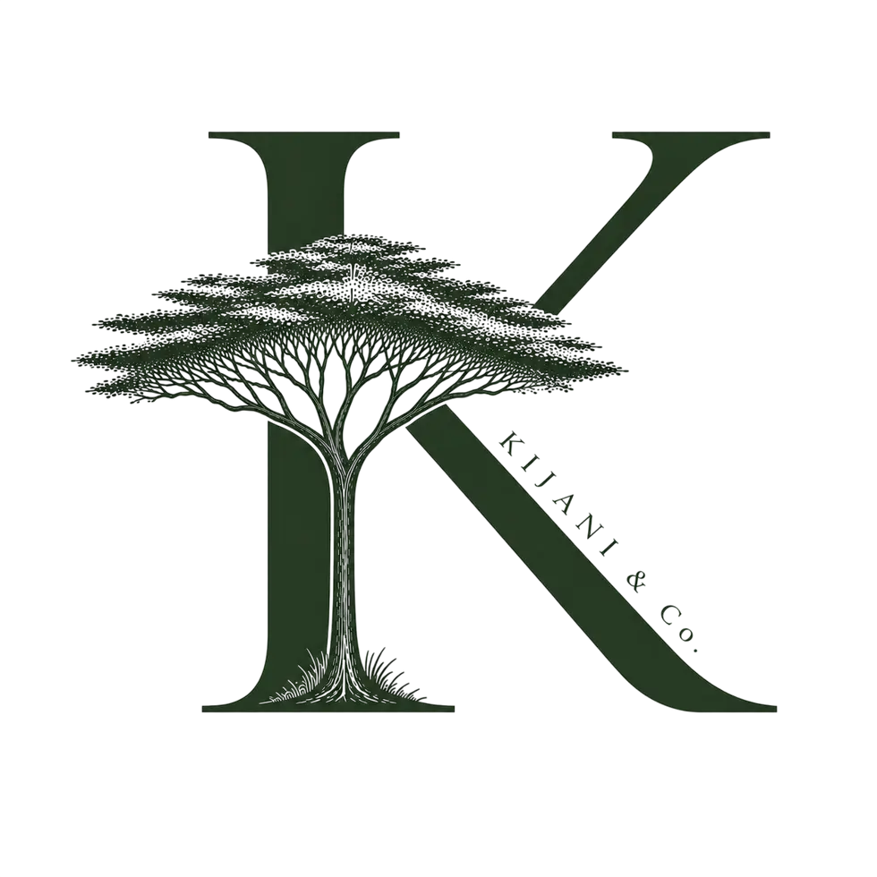 Monogramme carré vert foncé avec une grande lettre K et un arbre africain au centre, texte KIJANI & Co. en diagonale, fond blanc, format carré.
