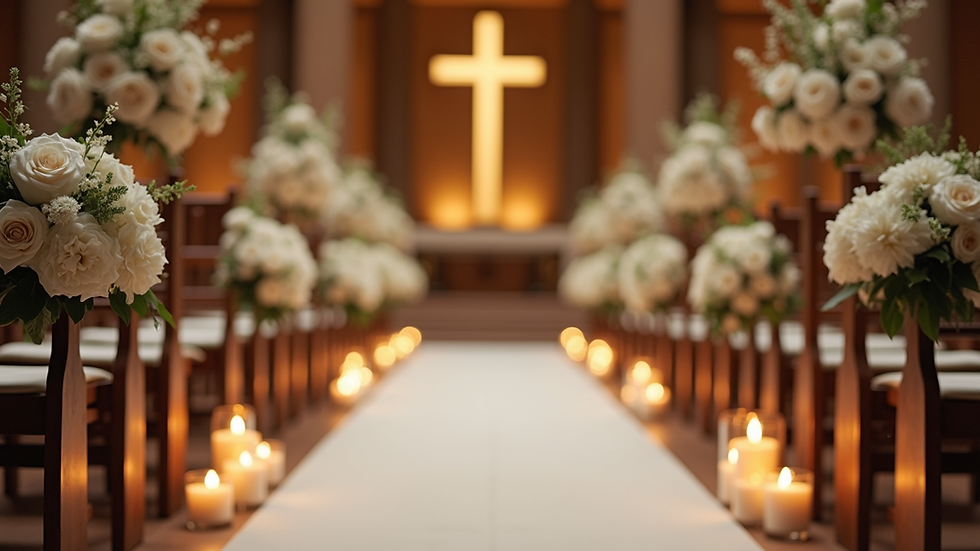 Close-up view of a beautifully decorated ceremony space with flowers and candles