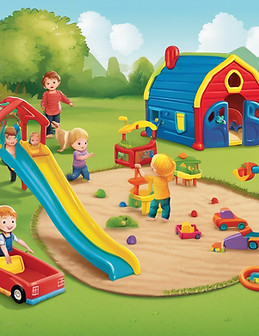 children playing outside, grass, sandbox, colorful toys, slide, small climbers, playhouse,