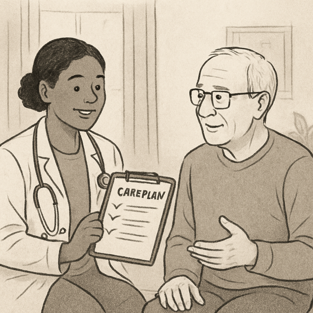 A healthcare professional discussing a care plan with a patient