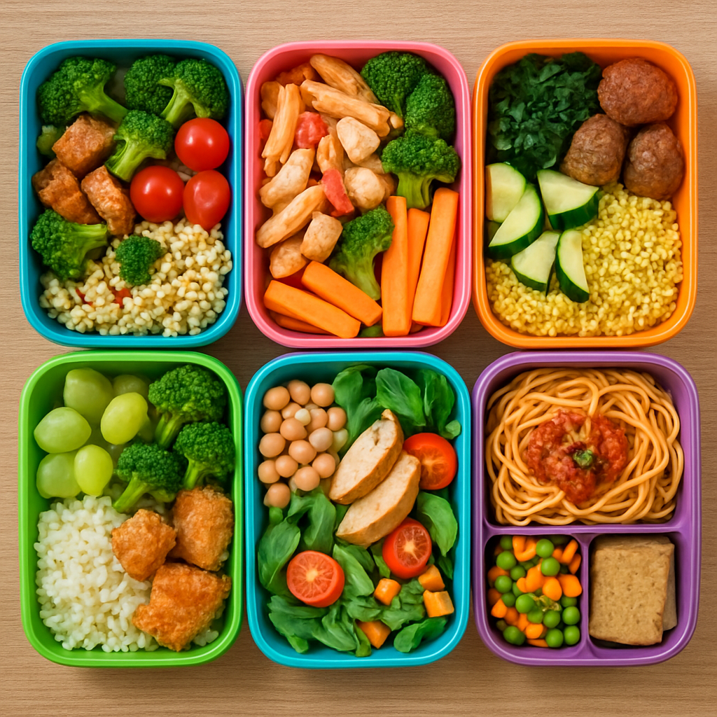 Colorful containers of prepped lunches