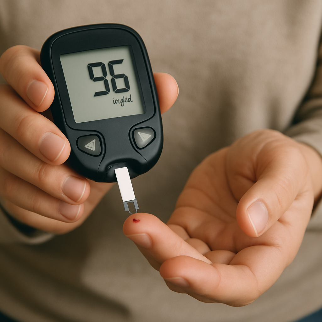 A person checking their blood sugar level with a glucose monitor