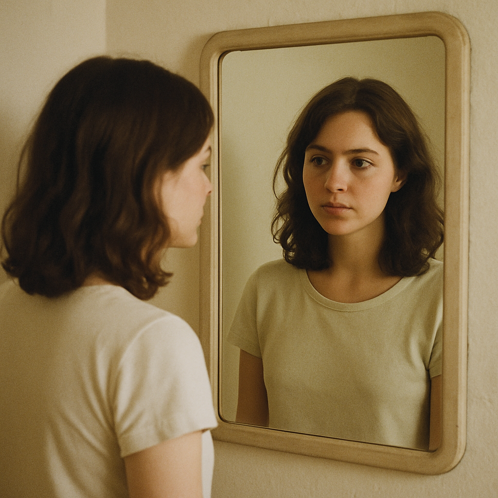 woman looking at mirror