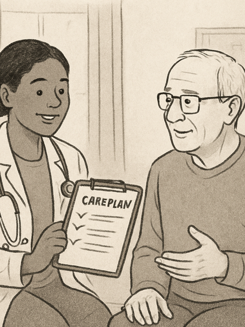 A healthcare professional discussing a care plan with a patient