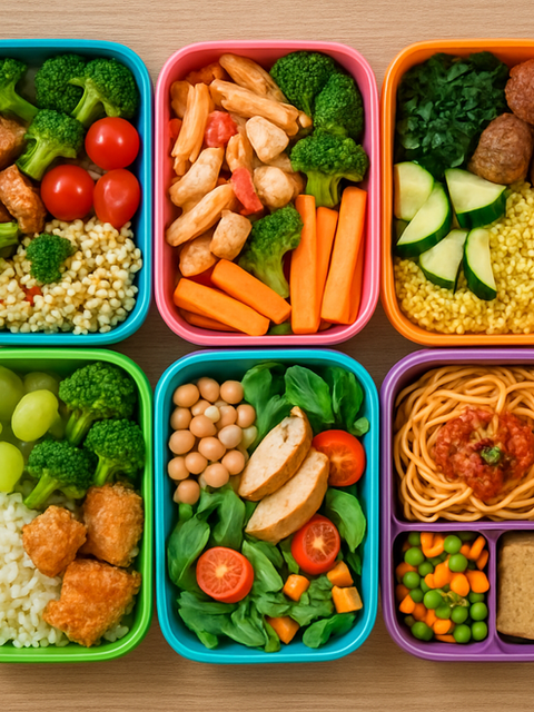 Colorful containers of prepped lunches