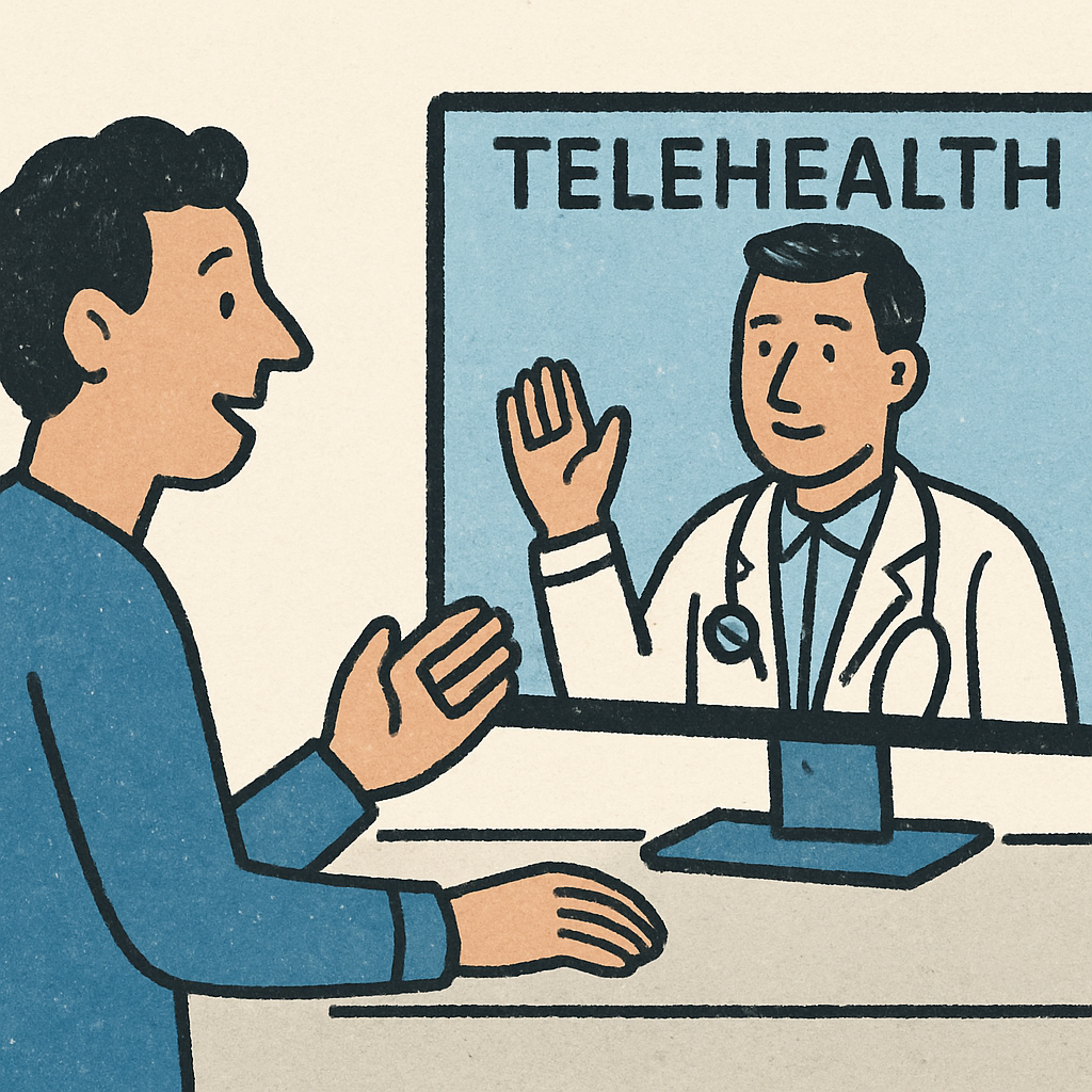 Illustration of a doctor and patient using telehealth technology