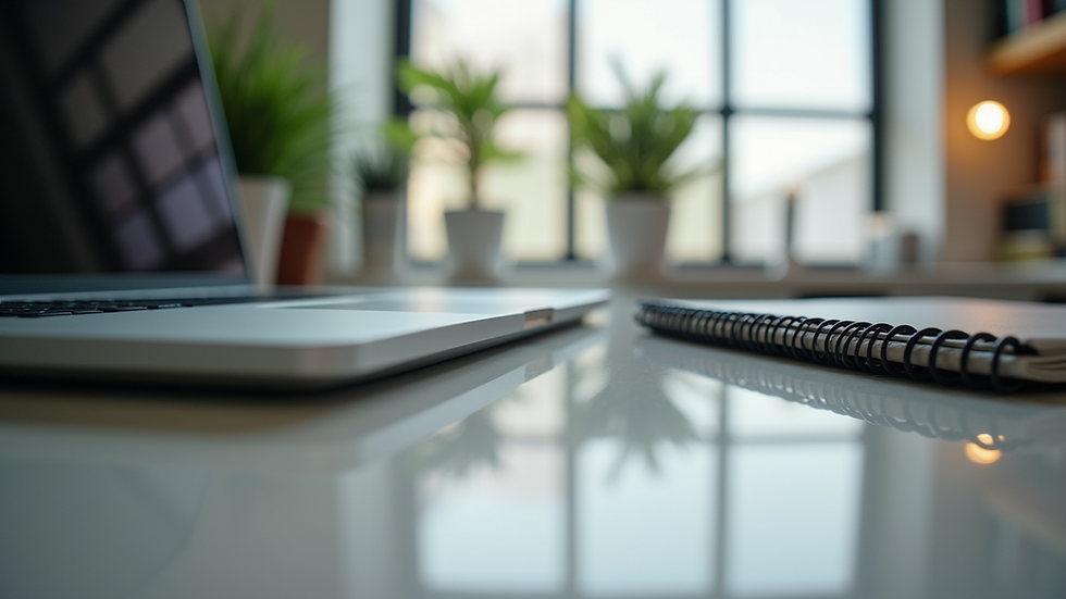 Eye-level view of a modern office desk with a laptop and notebook