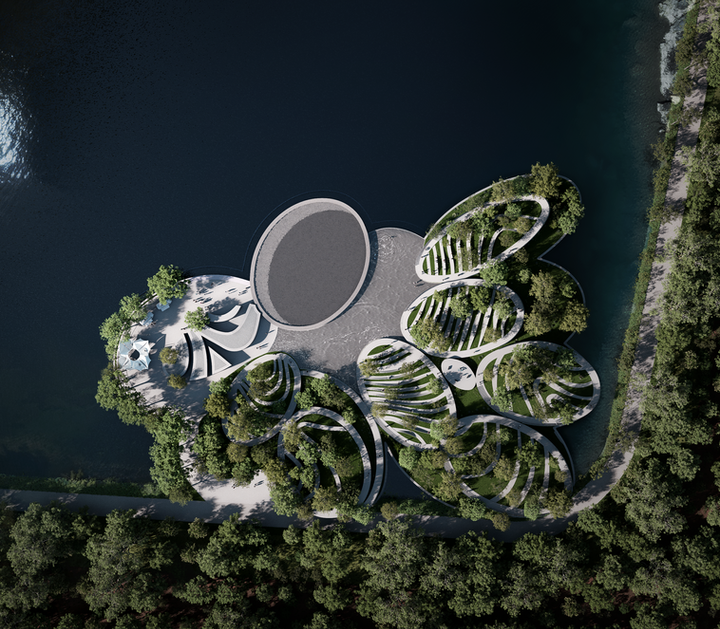 Aerial architectural visualization of waterfront landscape design with organic geometry, pedestrian pathways, and public realm planning