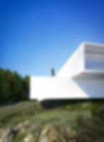 Minimalist house design with cantilever structure, white monolithic architecture, large opening, and modern landscape setting – 3D visualization