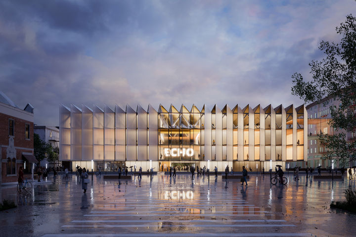 3D architectural visualization of a modern cultural building with a glowing façade, active public plaza, and evening city environment