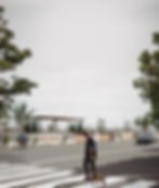 3D architectural visualization of a residential community entrance featuring street design, landscape elements, signage, and people.