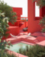 Architectural visualization of contemporary residence with bold monolithic volumes, stepped circulation, and courtyard pool design