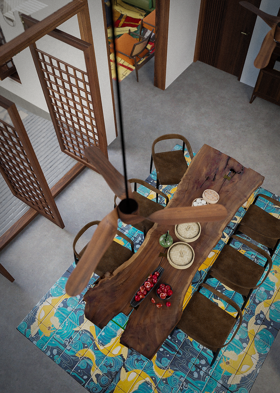 Contemporary dining space of a residence with live-edge wooden table, patterned tile flooring, and warm minimalist interior design