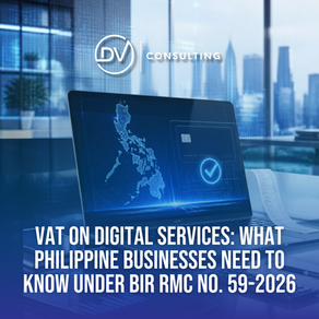Business owner reviewing digital service transactions and VAT records, highlighting Philippine tax compliance requirements under BIR RMC No. 59-2026.