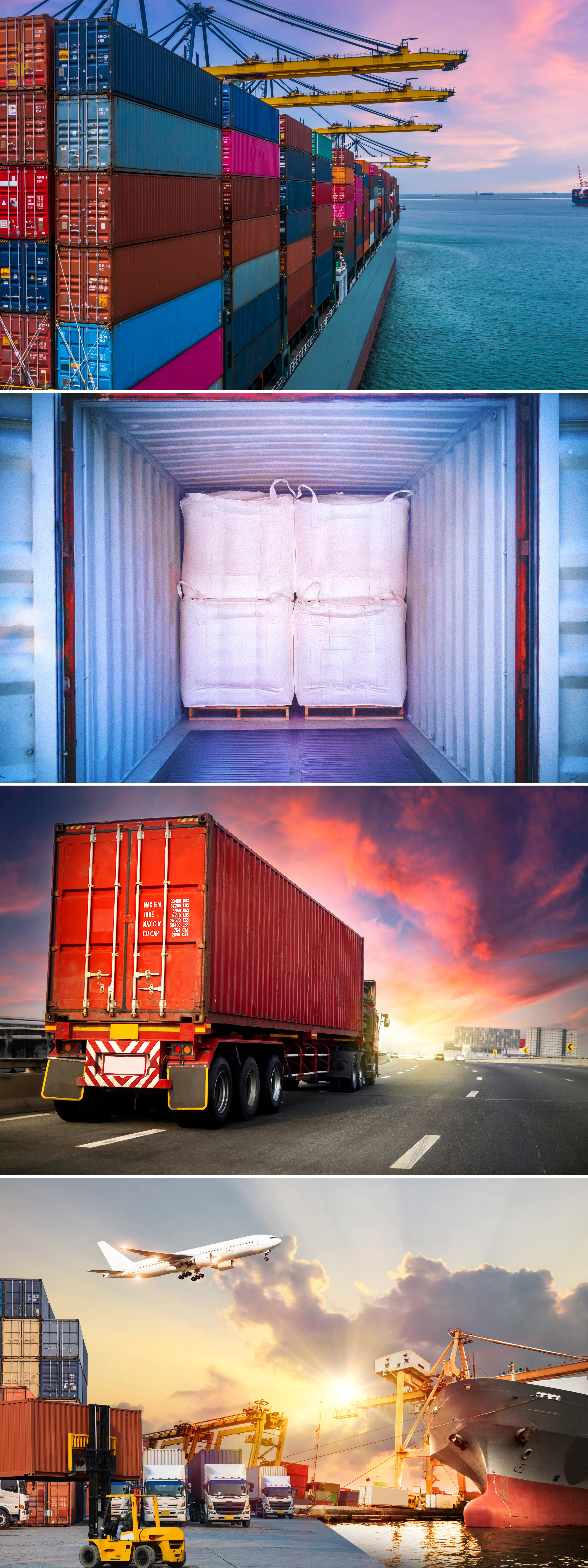 Collage showing various modes of shipping and storage for Six Star Bulk Bag FIBC solutions. The images depict air freight, maritime shipping with container ships, stacked shipping containers at a port, and a red shipping container on a truck. These visuals represent the versatile and cost-effective options available for transporting bulk materials using Six Star Bulk Bag products."