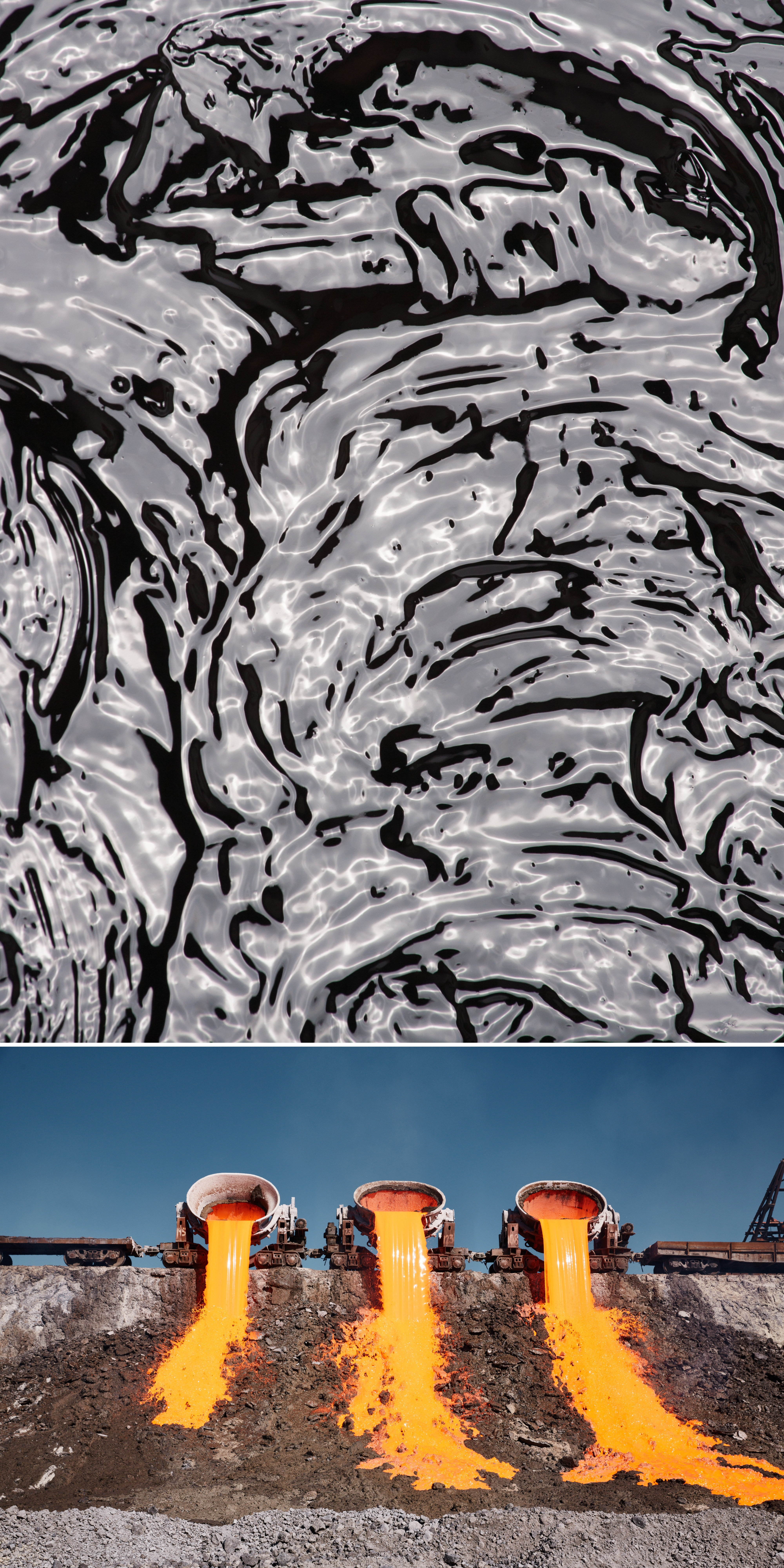 Close-up image of liquid bitumen, showing its smooth, reflective, and glossy surface with swirling patterns. Bitumen is commonly transported using specialized polypropylene liners in Six Star Bulk Bags to withstand high temperatures, ensuring safe and efficient handling and Industrial scene of molten sulfur being poured from three large containers, creating vivid orange streams of hot liquid. Six Star Bulk Bags utilize polypropylene liners to safely transport high-temperature products like molten sulfur, providing durability and heat resistance for safe handling and storage.