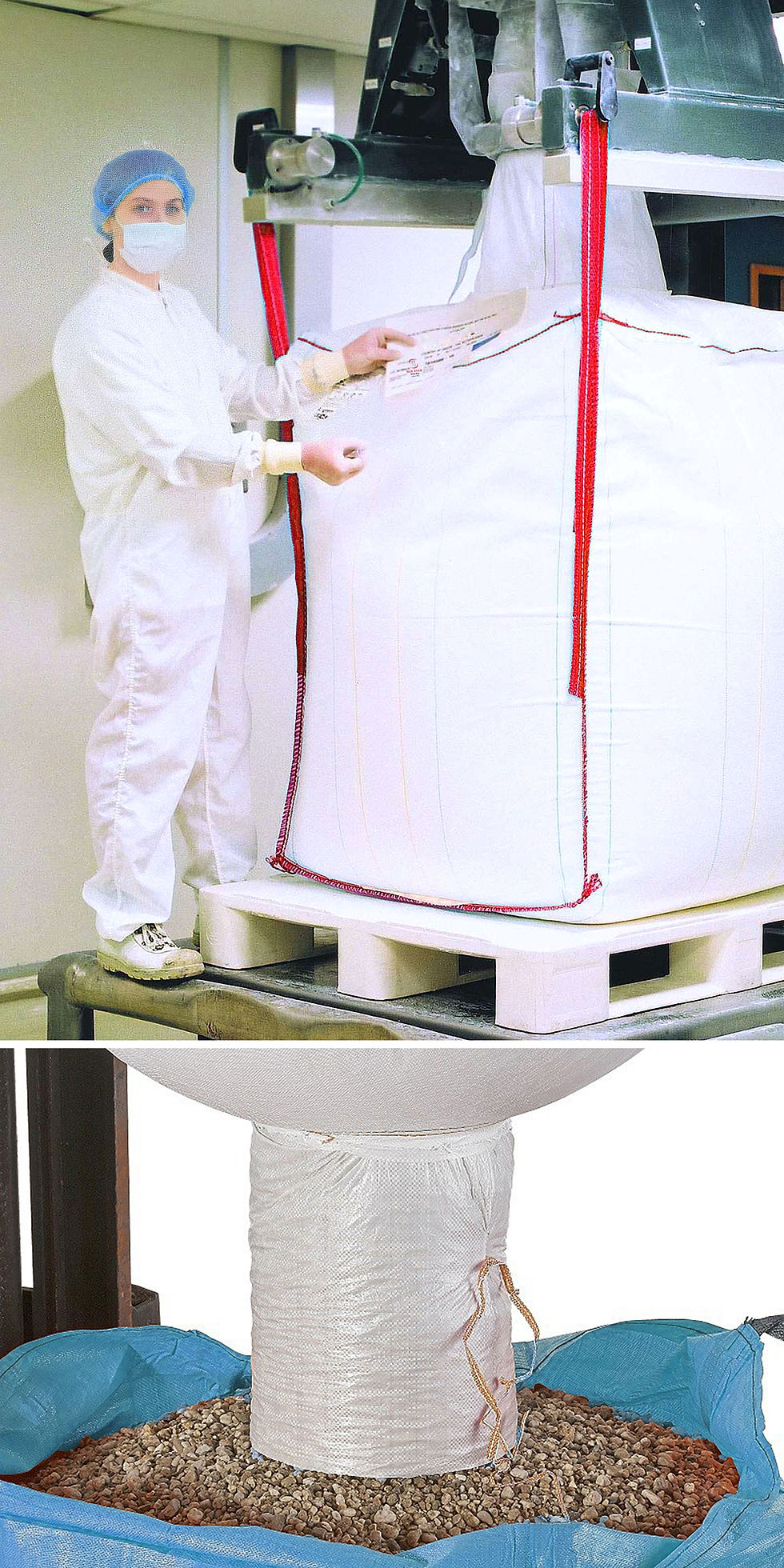 At Six Star Bulk Bag, safety is our top priority. This image shows a worker in a protective outfit handling a bulk bag during the filling process, emphasizing the importance of using proper techniques and following safety guidelines. The worker ensures the bag is securely positioned and correctly attached to the filling equipment, demonstrating adherence to best practices for safe and efficient operations.