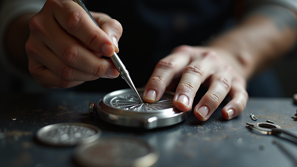 Eye-level view of a craftsman hand-etching a metal watch back