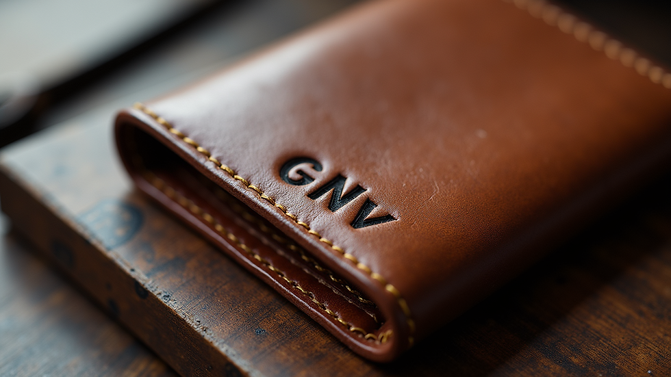 Eye-level view of a hand-etched leather wallet with initials