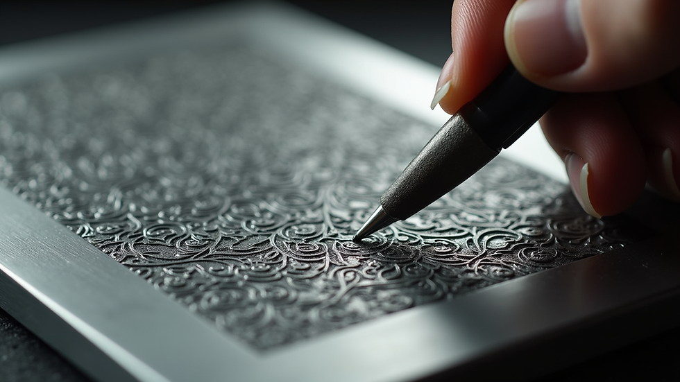 Close-up view of a hand engraving intricate patterns on a metal plaque