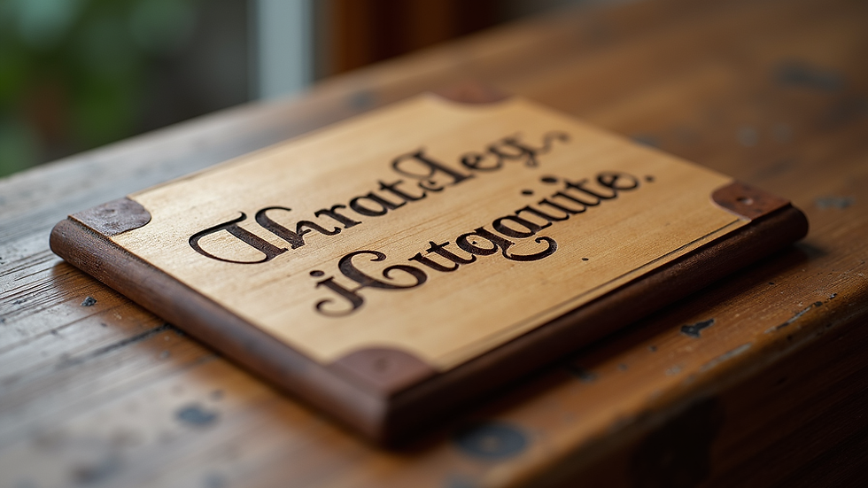Eye-level view of a wooden plaque with elegant hand engraved text