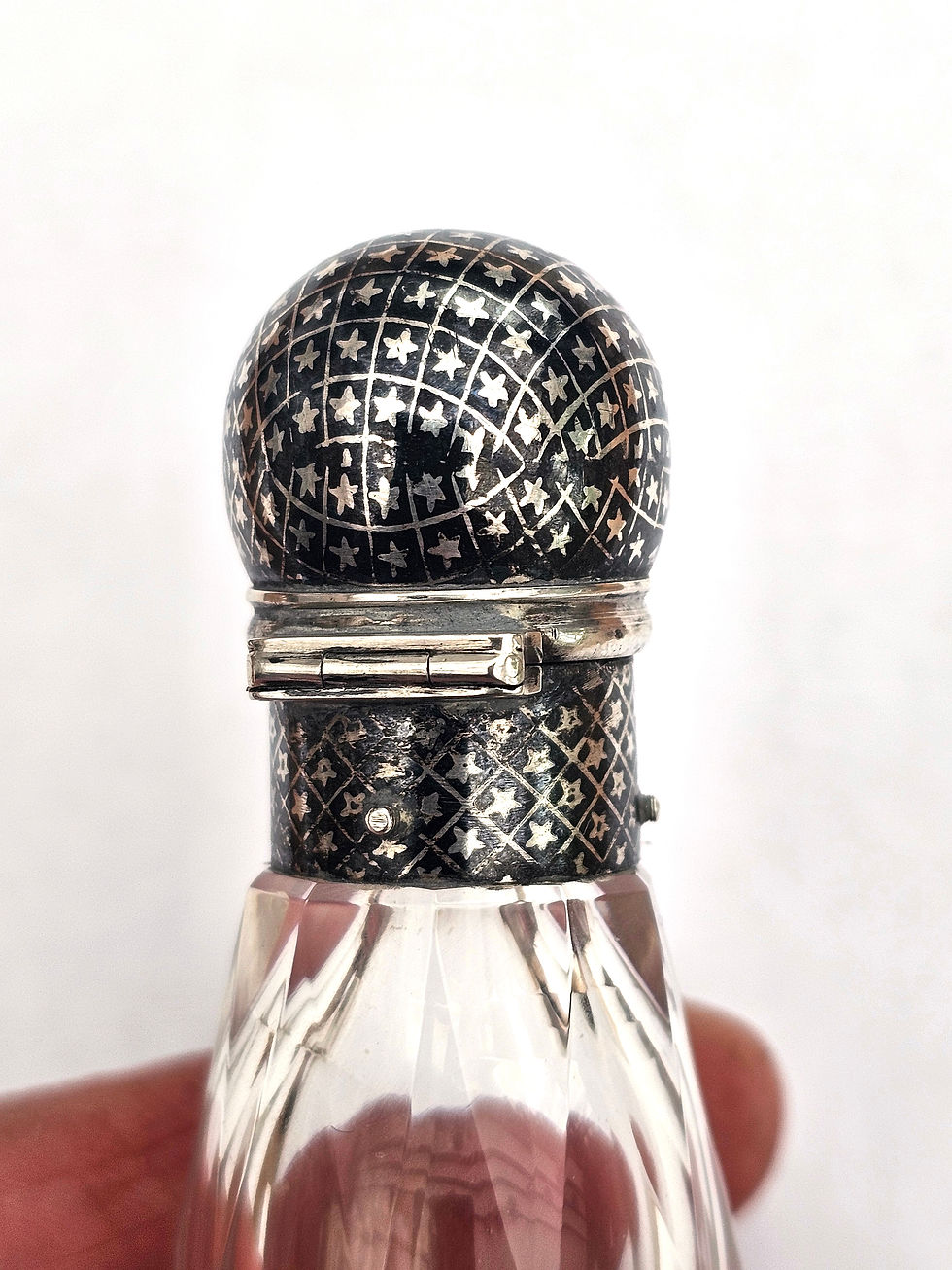 Thumbnail: Victorian star nielloed double ended scent and salt bottle