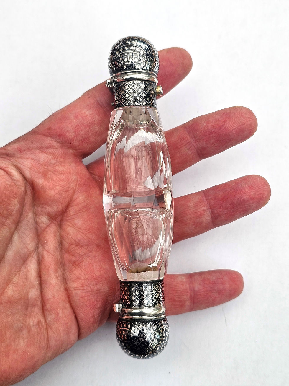 Thumbnail: Victorian star nielloed double ended scent and salt bottle