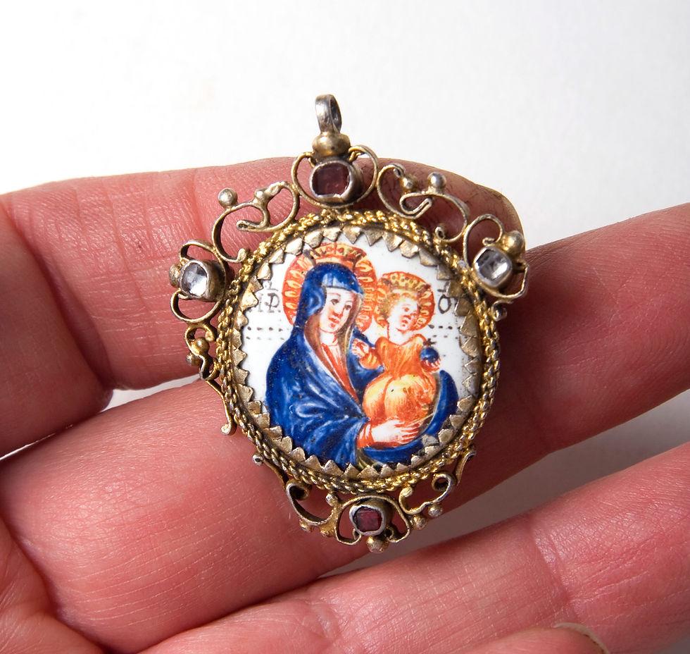 Thumbnail: Virgin and Child Spanish 18th century gilt, garnet paste set enamel relicario