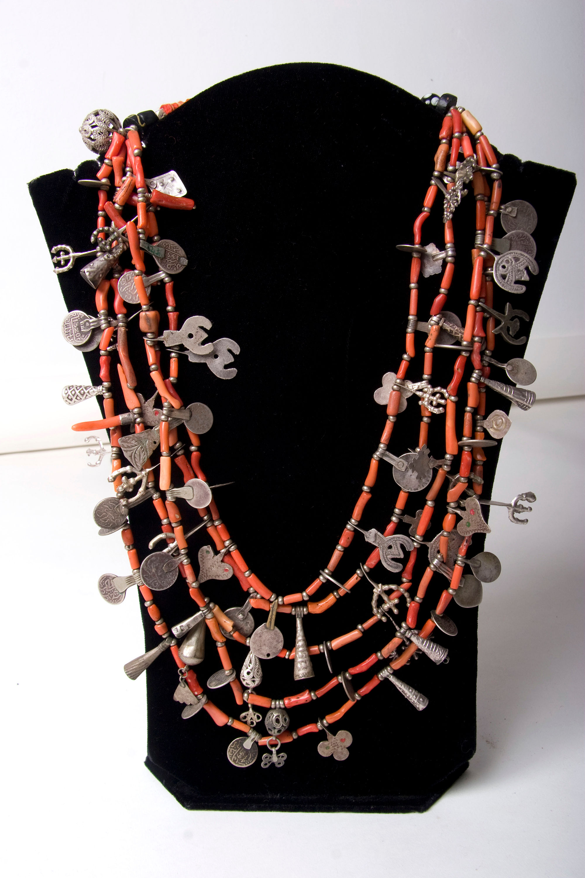 Glorious coral and antique Berber silver multistrand necklace