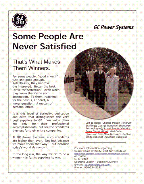 GE Supplier Diversity Ad featuring Minority Sales Corporation, sales reps for minority, mbe, diverse suppliers