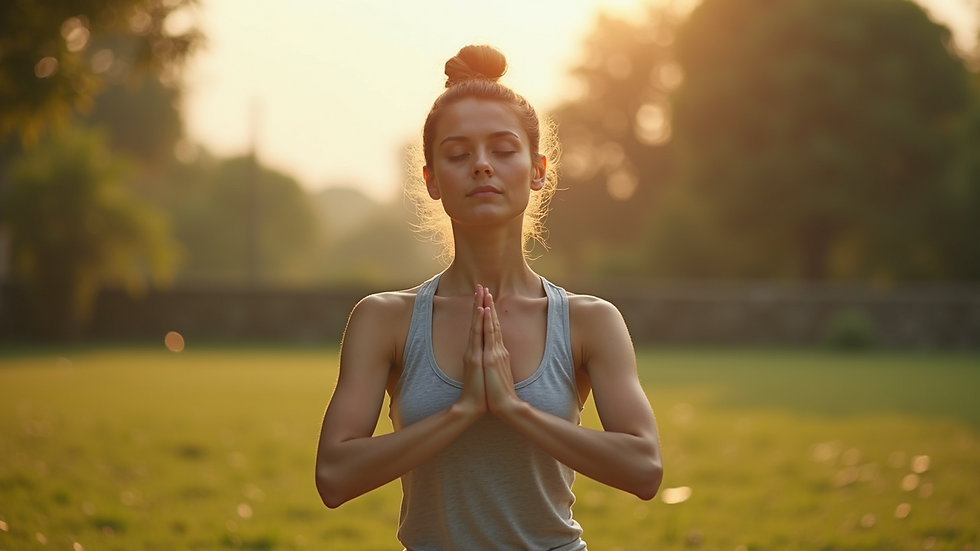 Eye-level view of a person practicing yoga in a serene outdoor setting